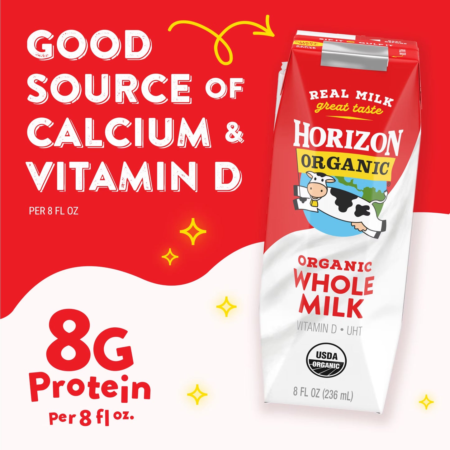 Horizon Organic Whole Milk, 8 fl oz Bottles, 18‑Count – USDA Organic, Lactose & Gluten-Free