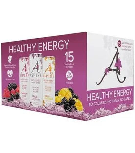 Aspire Healthy Energy Drink Variety Pack – 12 fl oz (Pack of 15) | Zero Sugar, Calorie-Free, Clean Energy Boost