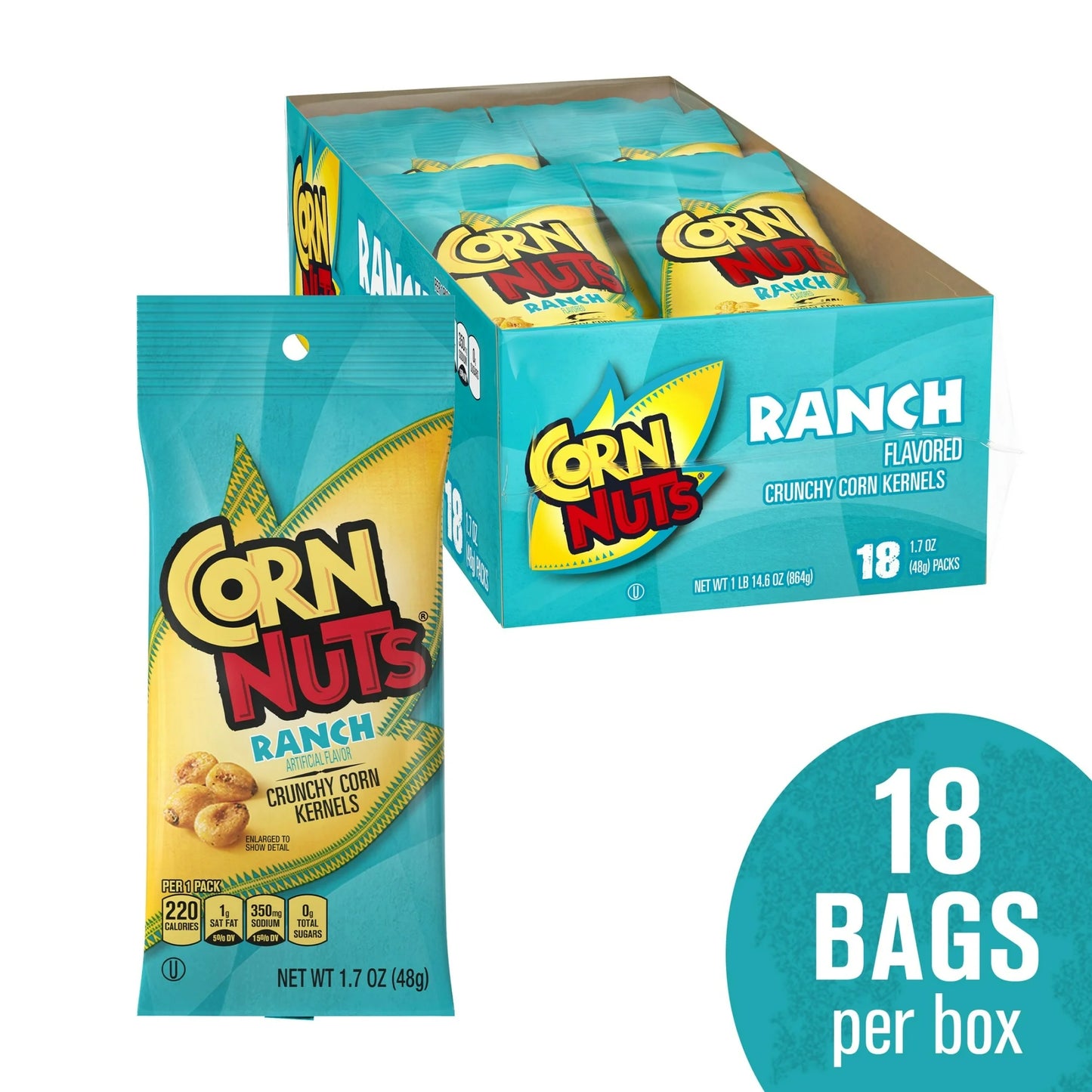 CORN NUTS Ranch Crunchy Corn Kernels Flavored Nuts Snack, Shelf-Stable, 1.7 oz Plastic Pouch (Pack of 18)