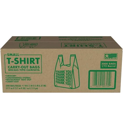Poly-America T-Shirt Carry-Out Plastic Bags – 2,000 Count, Small Size (7" x 5" x 15") – Durable, Disposable Grocery & Retail Bags