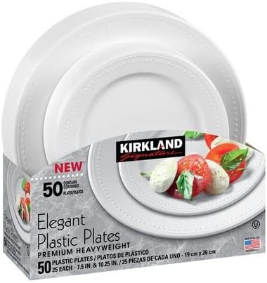 Kirkland Signature Elegant Plastic Plates, White Variety Pack, 50-Count – Premium Disposable Plates for Weddings, Parties & Special Events