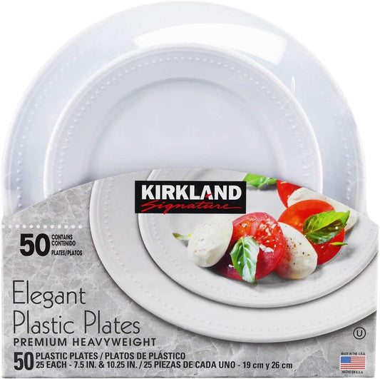 Kirkland Signature Elegant Plastic Plates, White Variety Pack, 50-Count – Premium Disposable Plates for Weddings, Parties & Special Events