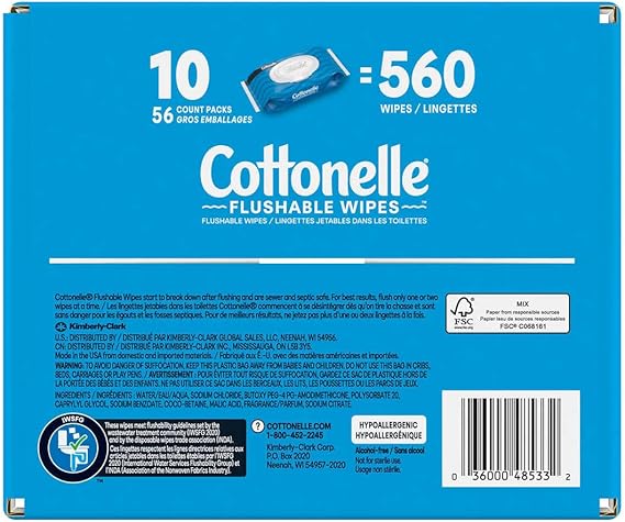 Cottonelle Fresh Care Flushable Wipes – 560 Count | Hypoallergenic, Septic-Safe, Plant-Based Cleansing Wipes