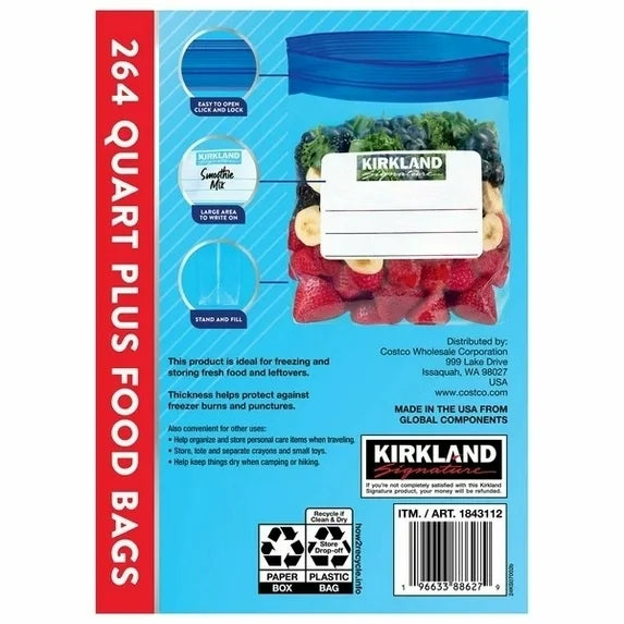 Kirkland Signature Freezer Quart Plus Bags 264‑Count | Leakproof, Freezer-Safe Bulk – MGgrocery.store