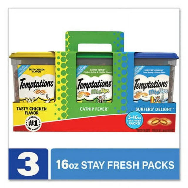 TEMPTATIONS Cat Treats Variety Pack with Tasty Chicken Flavor, Catnip Fever, & Surfers' Delight, 16 oz., 3 tubs
