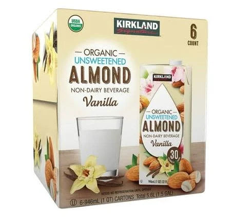 Kirkland Signature Organic Vanilla Almond Beverage, 32 fl oz Cartons, 6‑Pack – Unsweetened, Vegan & USDA Organic