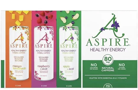Aspire Healthy Energy Drink Variety Pack – 12 fl oz (Pack of 15) | Zero Sugar, Calorie-Free, Clean Energy Boost