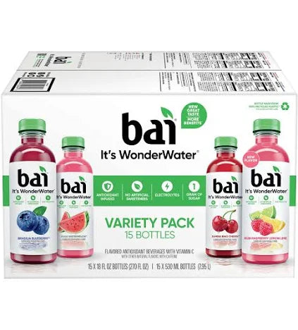 Bai Antioxidant Beverage Variety Pack, 18 fl oz, 15 Bottles – Low Calorie, Gluten-Free, with Vitamin C & E