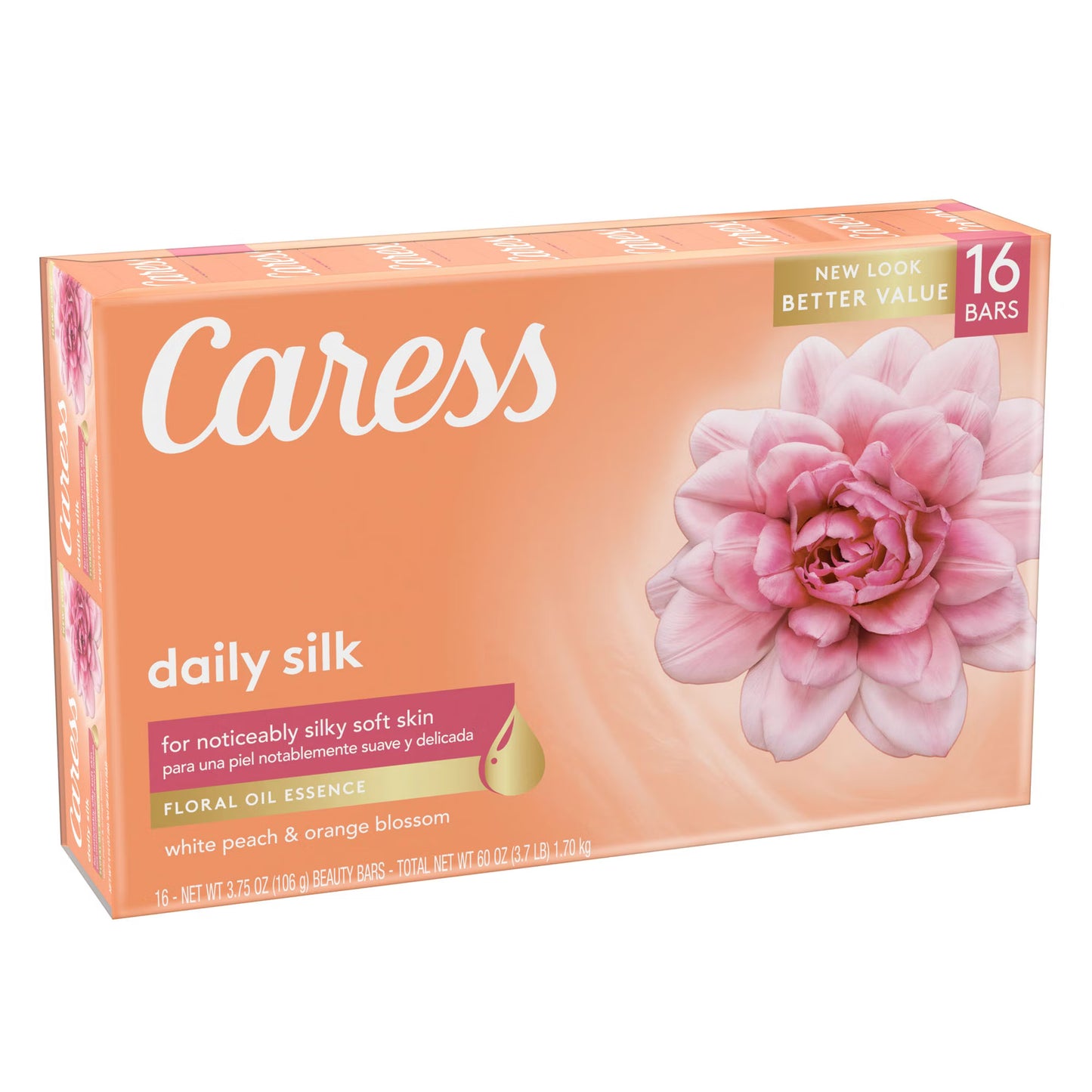 Caress Daily Silk Bar Soap 3.75 oz (16 Pack) – White Peach & Orange Blossom, Moisturizing & Silky Smooth Skin
