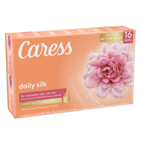 Caress Daily Silk Bar Soap 3.75 oz (16 Pack) – White Peach & Orange Blossom, Moisturizing & Silky Smooth Skin