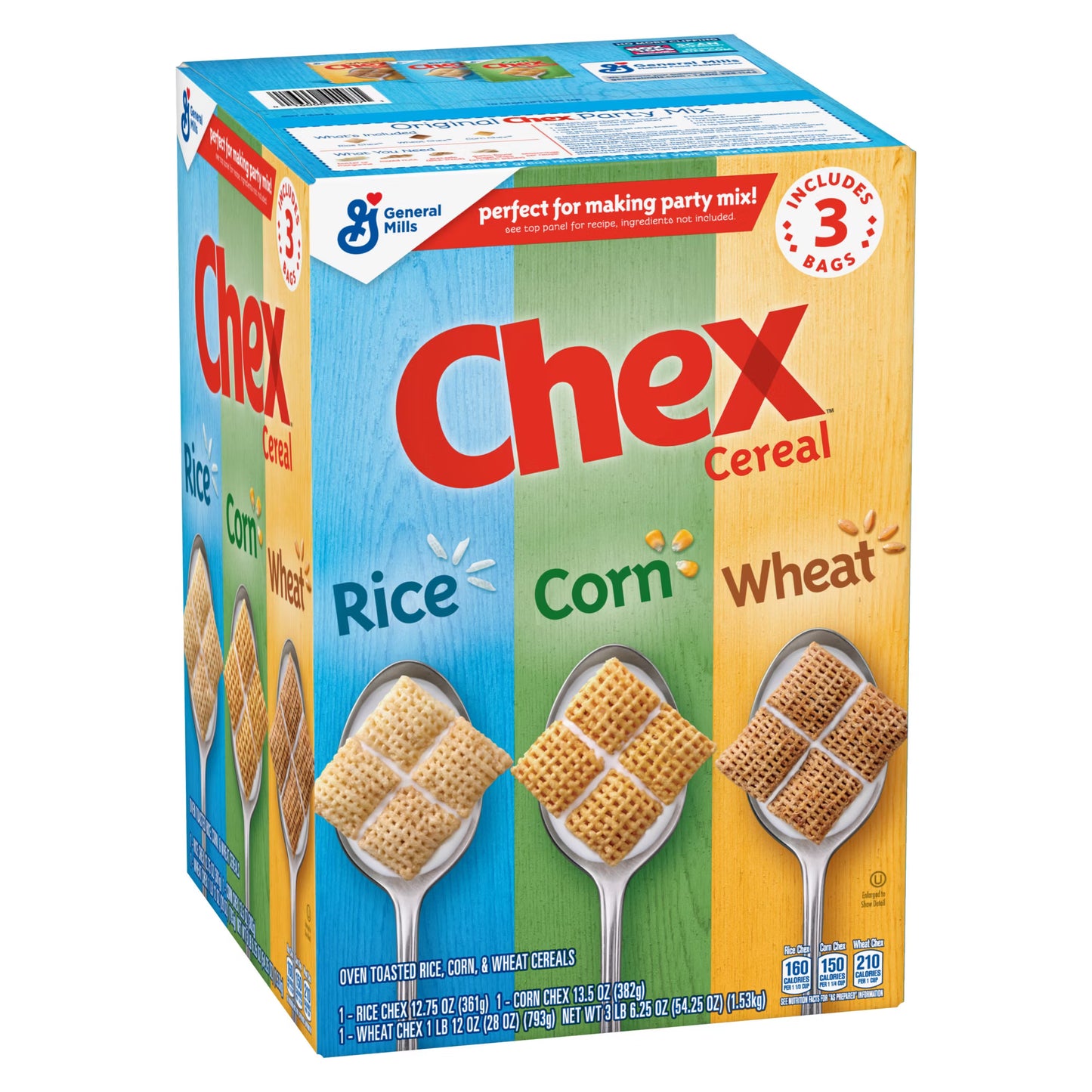 Chex Cereal Party Mix Variety Pack – Corn, Rice & Wheat Chex – 3 Count (54.25 oz Total) – Snack Mix for Parties & Gatherings