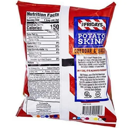 TGI Friday’s Potato Skins Cheddar & Bacon – Crunchy Snack Chips with Real Potato, Cheese & Smoky Bacon Flavor