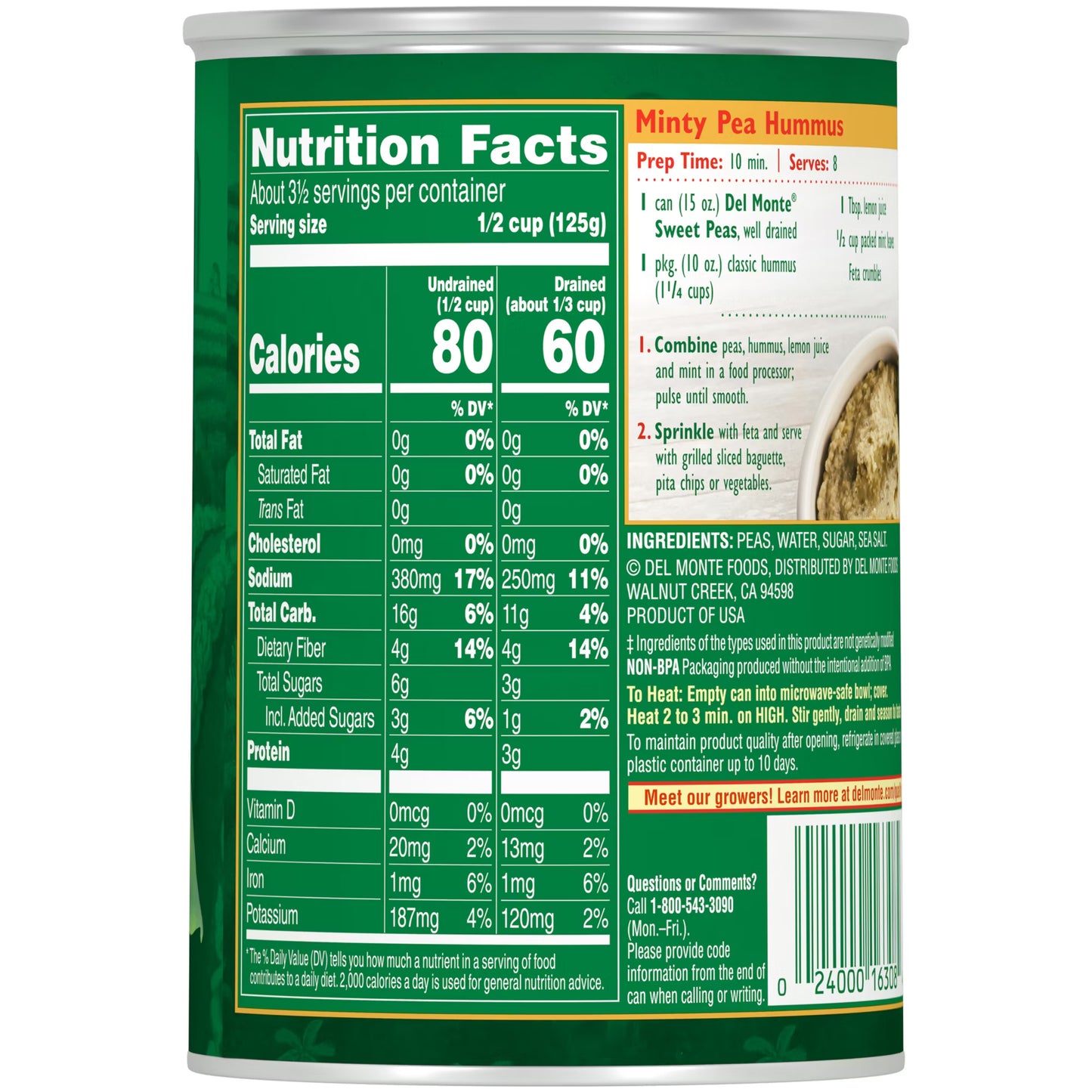 Del Monte Canned Sweet Peas 105 oz Can – Tender, Naturally Sweet, Ready-to-Serve Vegetable for Bulk Use