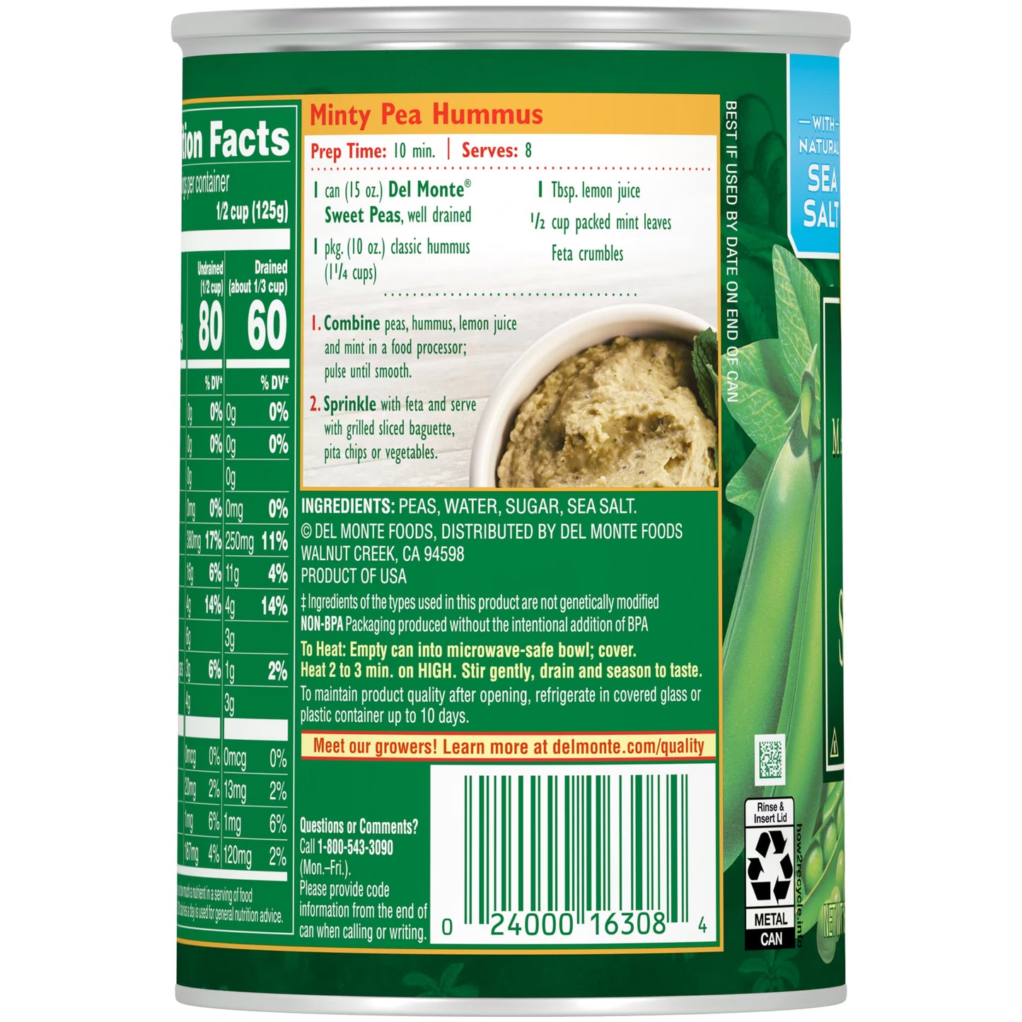 Del Monte Canned Sweet Peas 105 oz Can – Tender, Naturally Sweet, Ready-to-Serve Vegetable for Bulk Use