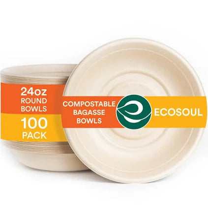 EcoSoul Compostable 16 oz Bowls, 400-Count – Biodegradable Sugarcane Bagasse Bowls for Hot & Cold Foods, Eco-Friendly Disposable Bowls for Parties & Everyday Use