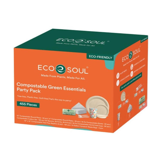 EcoSoul Compostable Green Essentials Party Pack, 455-Count – Eco-Friendly Disposable Plates, Cutlery & Napkins for Events, Parties & Gatherings