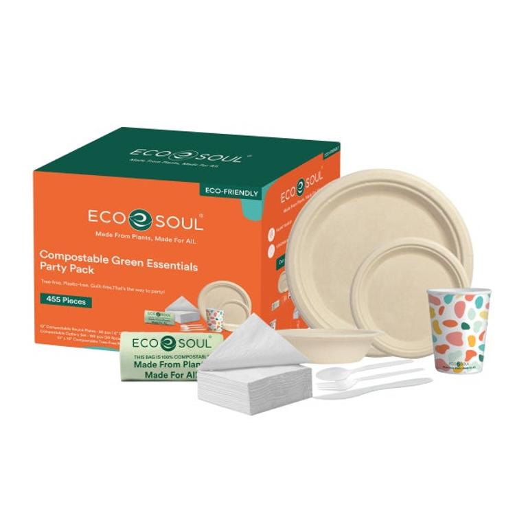 EcoSoul Compostable Green Essentials Party Pack, 455-Count – Eco-Friendly Disposable Plates, Cutlery & Napkins for Events, Parties & Gatherings
