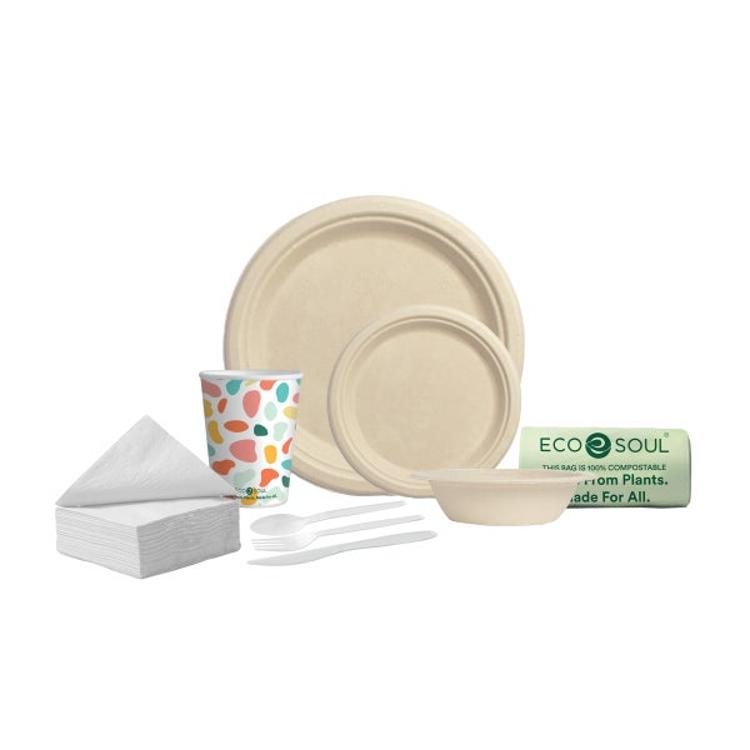 EcoSoul Compostable Green Essentials Party Pack, 455-Count – Eco-Friendly Disposable Plates, Cutlery & Napkins for Events, Parties & Gatherings