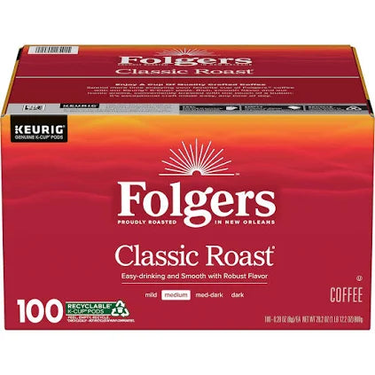 Folgers Classic Roast Coffee K-Cup Pods – 100 Count | Medium Roast, Keurig Compatible, Smooth & Rich Flavor
