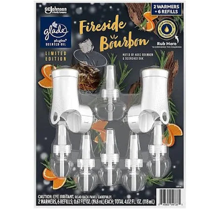 Glade PlugIns Scented Oil – Fireside Bourbon, 2 Warmers + 6 Refills | Long-Lasting Fragrance, Home Air Freshener Kit