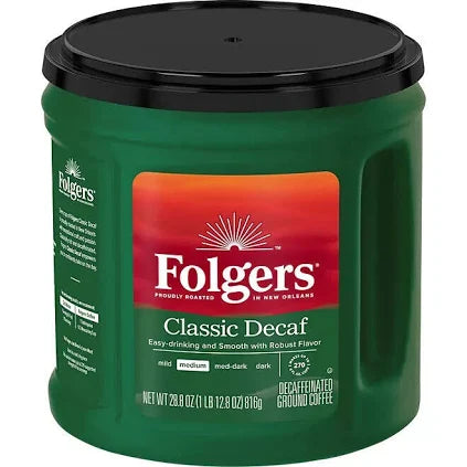 Folgers Decaffeinated Classic Roast Coffee – 28.8 oz | Smooth, Rich Flavor, No Caffeine
