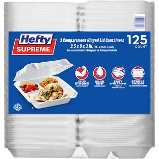 Hefty 3-Compartment Foam Hinged Lid Containers – 125 Count | Durable, Leak-Resistant Food Storage