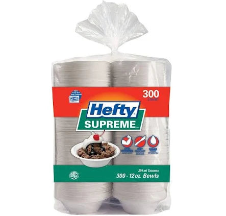 Hefty Supreme Heavyweight Foam Bowls – 12 oz, 300 Count | Durable Disposable Bowls for Soup, Cereal & More