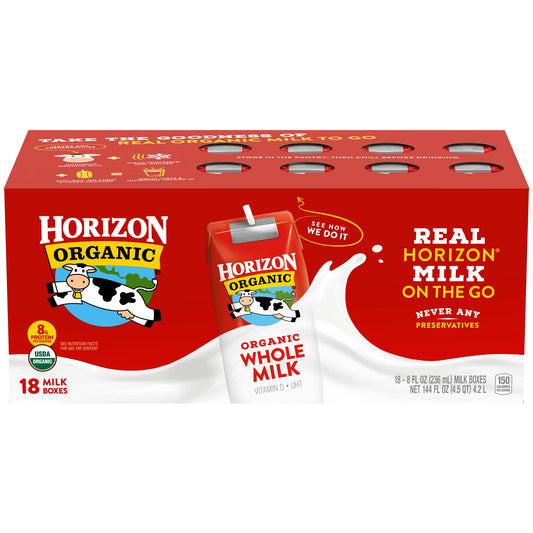 Horizon Organic Whole Milk, 8 fl oz Bottles, 18‑Count – USDA Organic, Lactose & Gluten-Free