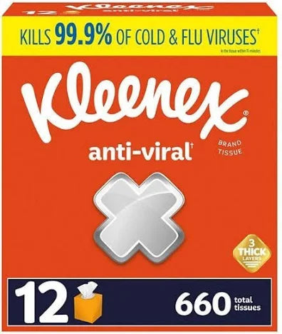 Kleenex Anti-Viral Facial Tissues – 3-Ply, 55 Tissues/Box (12-Pack) | Kills 99.9% of Cold & Flu Viruses, Soft & Strong.