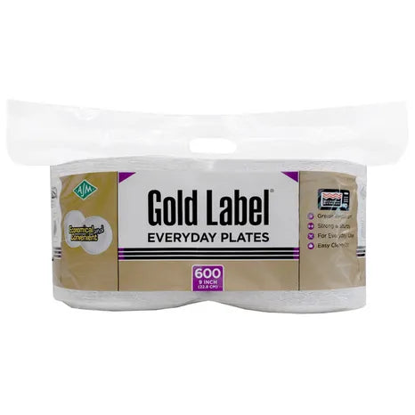 AJM Gold Label Paper Plates, 9", 600-Count – Heavy-Duty Uncoated Disposable Plates for Picnics, Parties & Everyday Use