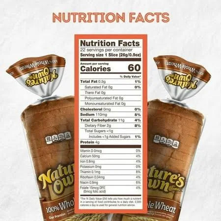 Nature’s Own 100% Whole Wheat Bread, 20 oz – No Artificial Preservatives, Heart Healthy, Good Source of Fiber