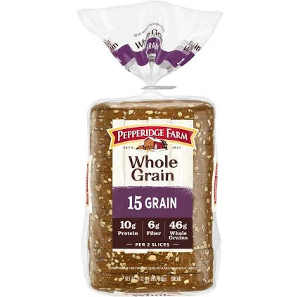 Pepperidge Farm 15 Grain Whole Grain Bread, 2-Pack (24 oz Each) – High Fiber, No High Fructose Corn Syrup, Heart-Healthy