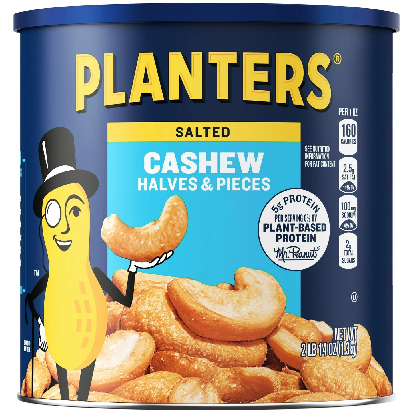 PLANTERS Salted Cashew Halves & Pieces – 46 oz Canister | Plant-Based Protein, Kosher, Roasted in Peanut Oil, Perfect for Snacking & Entertaining