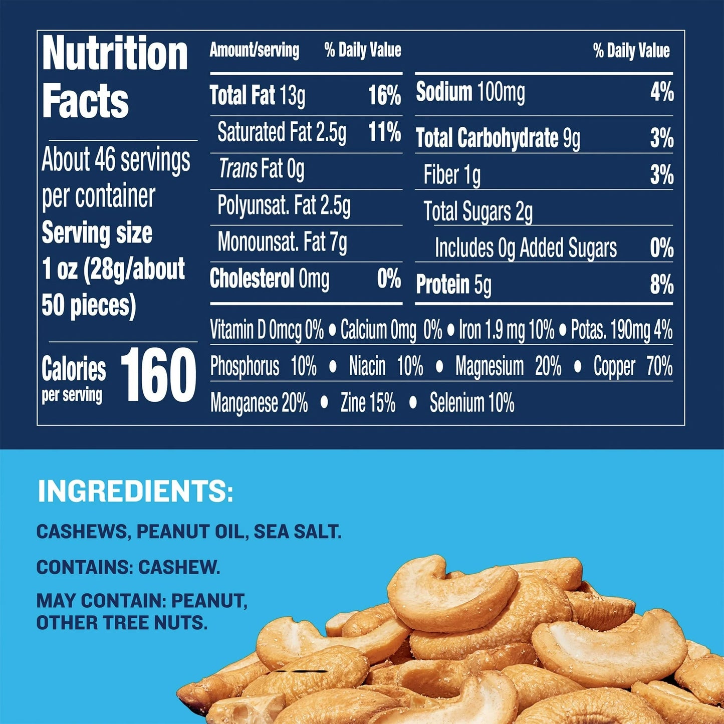 PLANTERS Salted Cashew Halves & Pieces – 46 oz Canister | Plant-Based Protein, Kosher, Roasted in Peanut Oil, Perfect for Snacking & Entertaining