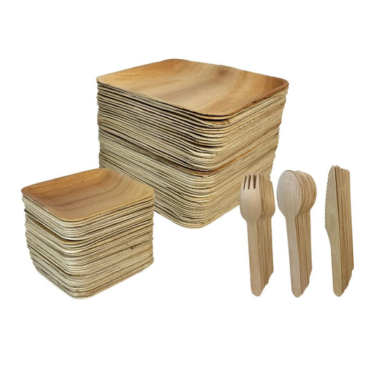 VerTerra Eco-Friendly Palm Leaf Plates & Wooden Cutlery Set, 250-Count – Compostable Disposable Dinnerware for Weddings, Events & Outdoor Dining