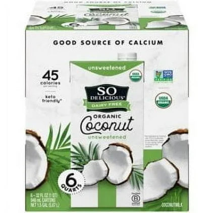 So Delicious Organic Coconut Milk Beverage – Unsweetened, 32 fl oz Cartons, 6‑Pack – USDA Organic, Vegan & Gluten‑Free