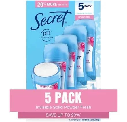 Secret Invisible Solid Deodorant, Powder Fresh – 2.6 oz (5 Pack) | 24-Hour Protection, pH-Balanced, Cruelty-Free