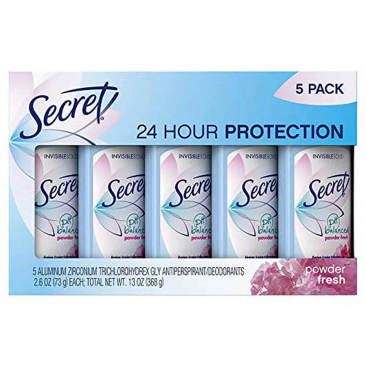 Secret Invisible Solid Deodorant, Powder Fresh – 2.6 oz (5 Pack) | 24-Hour Protection, pH-Balanced, Cruelty-Free
