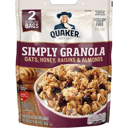 Quaker Simply Granola, Oats, Honey, Raisins & Almonds, 2-Pack (34.5 oz Each) – Whole Grain, High Fiber Breakfast Cereal