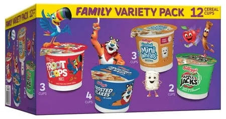 Kellogg's Cereal Cups Family Variety Pack, 12-Count – Single-Serve Breakfast, Travel-Friendly, Kid-Approved