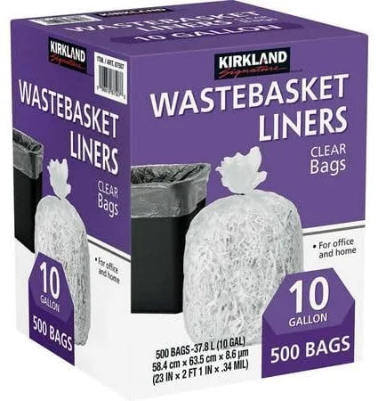Kirkland 10-Gallon Wastebasket Liners, Clear, 500-Count – Bulk Value