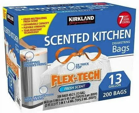 Kirkland Flex-Tech 13-Gallon Scented Trash Bags, 200-Count – Tear-Resistant