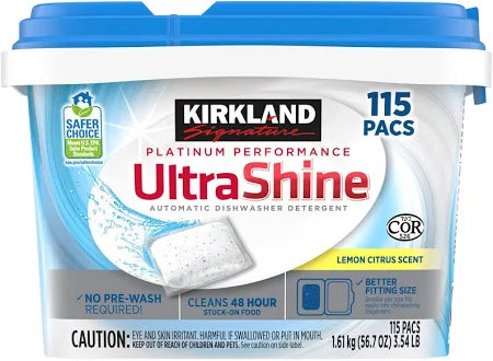 Kirkland UltraShine Dishwasher Detergent Pacs, 115-Count – Platinum Clean