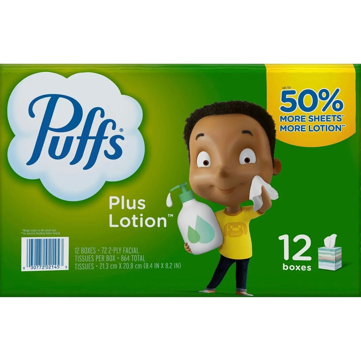 Puffs Plus Lotion Facial Tissues - 72 Tissues per Cube, 12 Mega Cubes | Soft, Moisturizing, Gentle on Skin