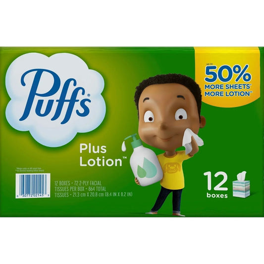 Puffs Plus Lotion Facial Tissues - 72 Tissues per Cube, 12 Mega Cubes | Soft, Moisturizing, Gentle on Skin