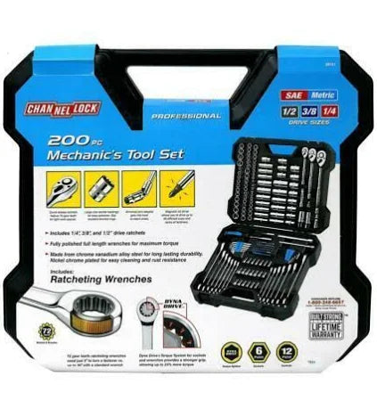 Channellock Mechanics Tool Set – 200 Piece Kit | SAE & Metric, Durable Steel Construction, Professional-Grade Socket & Ratchet Set